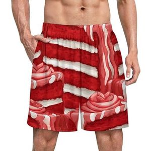 Rood Fluwelen Valentijnstaart Grappige Pyjama Shorts voor Mannen Pyjama Bottoms Heren Nachtkleding Met Zakken Zacht