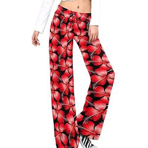 Rode Tropische Hibiscus Bloemen Yoga Broek Voor Vrouwen Casual Broek Lounge Broek Trainingspak Met Trekkoord S