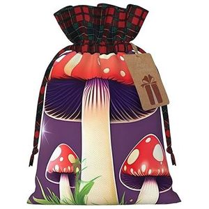 Magic Red Mushroom Chic Trekkoord Kerst Gift Tassen, Patchwork Jute Pull-String Tassen, Herbruikbaar.