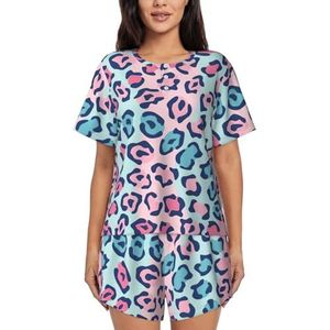 YJxoZH Roze Lepard Print Vrouwen Zomer Pyjama Sets Nachtkleding Dames Korte Mouw Nachtkleding Pjs Lounge Met Zakken, Zwart, XL