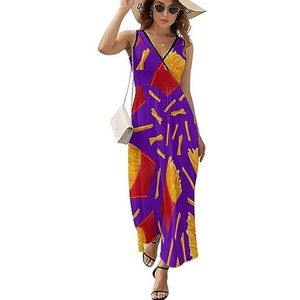 3D Franse frietjes casual maxi-jurk voor vrouwen V-hals zomerjurk mouwloze strandjurk 2XL