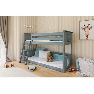 thematys® Kevin Vloerbed hoogslaper voor 2 kinderen, 90 x 200 cm, met veiligheidsleuning en lattenbodem, kinderbed voor jongens en meisjes, van stevig grenenhout (grijs zonder matrassen)