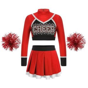 Cheleader uniform schoolmeisjes cheerleader uniform danspak korte top met bloemballen cheerleader-kostuum voor kinderen, animatieteam kleding (kleur: B rood, maat: 10