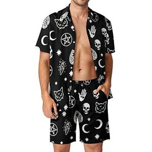Skull Cat Moon Gothic Hawaiiaanse sets voor mannen Button Down korte mouw trainingspak strand outfits 2XL