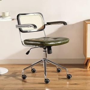 RISESHINE Vintage rotan computerstoel, comfortabele bureaustoel, ergonomische fauteuil, stille PU-wielen, thuisstudie woonkamer middenrugleuning stoel, bruin (B)