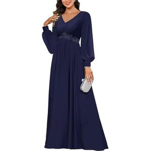 KIYNE Damesjurk met lange mouwen voor moeder van de bruid met kanten applicatie, V-hals, chiffon, formele feestjurk, Donkerblauw, 32