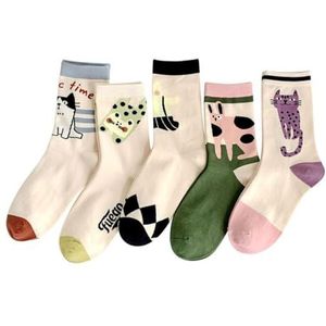 Cartoon kat / hond / koe / beer medium buis mode katoenen sokken gezellige sokken maat 4-7 voor vrouwen tieners (paar van 5), Meerkleurig, 24 EU