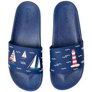 Dedoles Slides & Slippers voor Dames, Heren & Kinderen Zwembad Sandalen Grappige Boeken Koffie Feest Pizza Vos Beer Lama Wolken Schoeisel Cadeau, kleur: Blauw, motief: Zeilboten op zee, grootte: 36