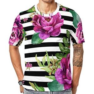 Roze bloemen - zwart-witte strepen heren korte mouw grafisch T-shirt ronde hals print casual tee tops 2XL