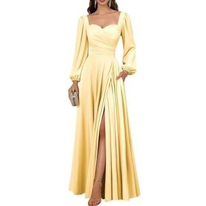 BRIGOW Damesjurken met lange mouwen, satijnen geplooide baljurk, A-lijn avondjurk met split BY031, Geel, 32