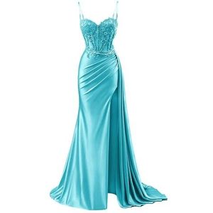KURFACE Satijnen galajurken voor dames met split kant applicatie spaghettibandjes beroemdheden optocht jurk formele jurk, Turkoois, 56 NL/Plus