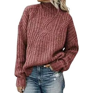 Tophoopp Casual damestrui met opstaande kraag, gebreide coltrui, warme wintertrui, roze, M