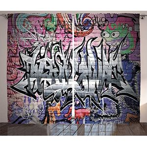 ABAKUHAUS Stenen muur Gordijnen, Graffiti Grunge Wall Art, Woonkamer Slaapkamer Raamgordijnen 2-delige set, 280 x 225 cm, Veelkleurig