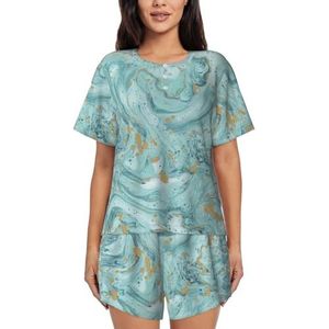 RIVETECH Azurite Teal en folie goud olie marmer patroon print dames korte mouwen pyjama set - comfortabele korte sets, mouwen nachtkleding met zakken, Zwart, XL