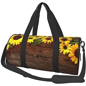 Houten plank zonnebloem bloem bedrukt sport plunjezak gym draagtas weekendtas reistas sport gymtas voor workout 's nachts reizen bagage vrouwen mannen, zwart, één maat, Zwart, Eén maat