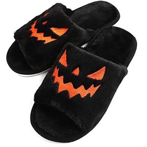 Tukuisi Halloween Jack O Lantern Pompoen Pantoffels - Dames Open Teen Indoor Outdoor Fuzzy Slippers, Zwart, 40/41 EU