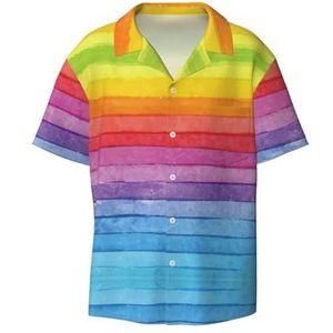 TyEdee Kleurrijke Regenboog Streep Print Mannen Korte Mouw Jurk Shirts Met Zak Casual Button Down Shirts Business Shirt, Zwart, M