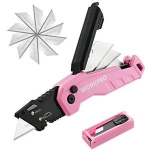 WORKPRO Klapmes met roze aluminium handgreep, klapmes met lemmetopslag en riemclip, inclusief 14 messen