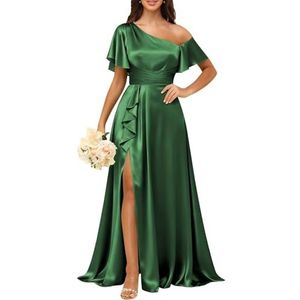 KURFACE Satijnen bruidsmeisjesjurken met mouwen geplooid korset galajurk met split lange formele avondjurk voor dames, Emerald Groen, 32