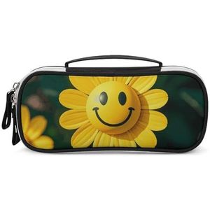 DWTJKMS Gele Smiley Bloem Lederen Make-up Tas Draagbare Kleine Cosmetische Organizer Waterdichte Toilettas Borstels Potloden En Reizen Make Up Accessoires