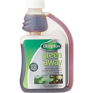 Blagdon Green Away vijverwatering, reinigt groen water en zwevende algendeeltjes, natuurlijk, plantvriendelijk, veilig voor vissen, 250 ml, behandelt 5.000 liter water, verpakking kan variëren