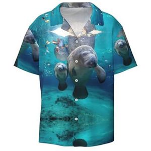 OdDdot West-Indische zeekoeien print herenoverhemden atletisch slim fit korte mouw casual zakelijk overhemd met knopen, Zwart, XXL