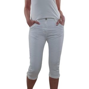 Jewelly Dames stretch jeans bermuda | korte denim broek voor vrouwen | capribroek met decoratieve knoopsluiting, Witte ritssluiting, M