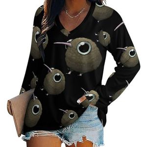 Leuke Dikke Kiwi Vogel Vrouwen Casual Lange Mouw T-shirts V-hals Gedrukt Grafische Blouses Tee Tops M