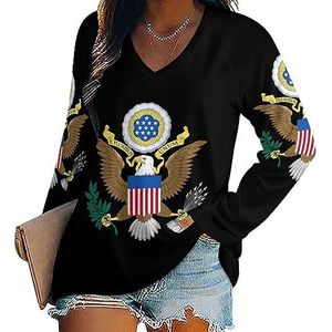 Coat Arms of The United States Casual T-shirts met lange mouwen voor dames, V-hals, bedrukte grafische blouses, T-tops, 5XL
