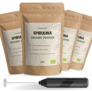 Cupplement - 4 Zakken Spirulina Poeder 150 Gram - Biologisch - Gratis Opschuimer & Scoops - Geen Tabletten, Capsules of Vlokken - Supplement - Superfood - Chlorella