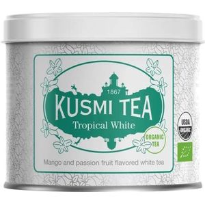 Kusmi Tea - Witte Thee Bio Tropical White - Witte Thee Mango Passie smaak - Metalen Thee Blik 90 g - Ongeveer 40 Kopjes - Ideaal voor ijsthee