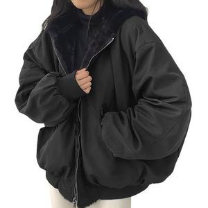 HaicoM Bomberjack voor dames, winter fleece gevoerd, zachte fluwelen binnenjas dames, pluche en verdikte kunstmatige lamswol warme losse hoodies, solide jas met zakken aan beide zijden, Zwart, XL