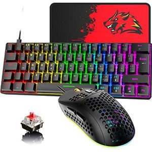 Bedraad gamingtoetsenbord met UK lay-out, muis en mouse bungee, 62 toetsen, compact (60%) mechanisch toetsenbord, 19 soorten regenboog-achtergrondverlichting, full anti-ghosting + lichtgewicht muis met 6 soorten RGB-achtergrondverlichting 6400 DPI (zwart/rode switch)