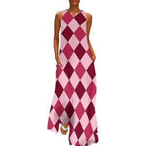 Roze rode diamant schaakbord dames enkellengte jurk slim fit mouwloze maxi-jurken casual zonnejurk L