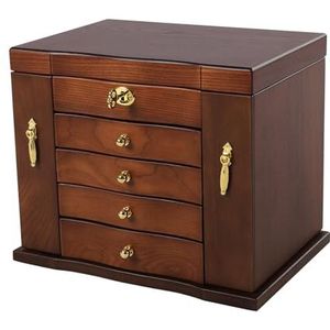 Grote sieradendoos met houten slot, 5 lagen met spiegel en lade, sieradenkast