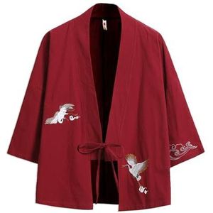 WEITING Heren kimono gebreide jas Japanse jassen casual katoen open voorzijde licht linnen Yukata-rood_a-XL 65 tot 70 kg