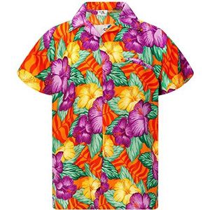 King Kameha Funky Hawaïaans shirt voor heren, casual, button-down, zeer opvallend, korte mouwen, vakantie, palmen, mono, wild, tropische bloemen, uniseks, XS