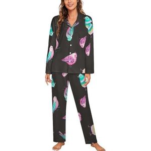 Aquarel Vogel Patroon Lange Mouw Pyjama Sets Voor Vrouwen Klassieke Nachtkleding Nachtkleding Zachte Pjs Lounge Sets