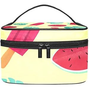 Watermeloen Bladeren Aardbei Kersen Geel Make-up Tas Voor Vrouwen Meisjes Cosmetische Tassen Met Handvat Reizen Make-up Organizer Tas, Watermeloen Bladeren Aardbei Cherry Geel, 8.9x5.9x5.4 Inches, Make-up Pouch