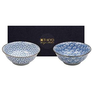 TOKYO design studio Mixed Bowls Crystal 2-delige schalenset blauw-wit, Ø 21 cm, ca. 1000 ml, Aziatisch porselein, Japans design, incl. cadeauverpakking