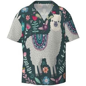 TyEdee Bloemen Alpaca Print Heren Korte Mouw Jurk Shirts met Zak Casual Button Down Shirts Business Shirt, Zwart, XXL