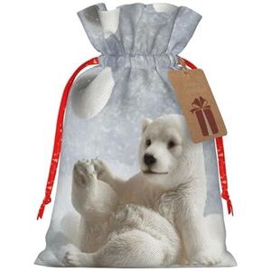 Grappige Ijsbeer Spelen Sneeuwbal Print Kerst Gift Zakken Jute Kerst Traktatie Zakken Met Trekkoord Candy Bag Voor Vakantie Geschenken