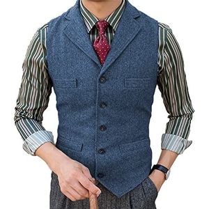 Tuikayoo Herenpak, vest, slim fit, wollen jurk, tweed herringbone voor getuige, blauw, XXL