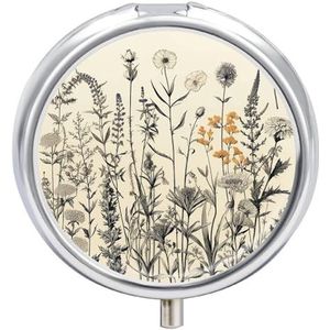 Bloemenkruiden - Botanische Gravure - Pillendoosje - 3 Compartimenten - Draagbare Vitamine-organizer met Spiegel