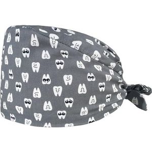 Chirurgische tandartskap, blokmuts, 100% katoen, innovatieve en comfortabele medische kap, tandmotieven (grijs)