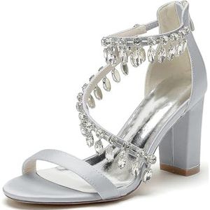Dames Chunky Blokhak Bruiloft Sandalen Kristallen Trouwschoenen Open Teen Feest Prom Bruidsschoenen,Zilver,36 EU