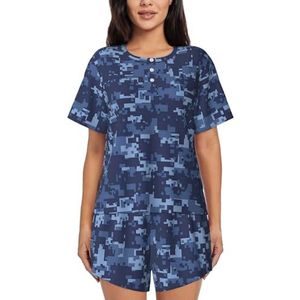 RIVETECH Blauwe pyjamaset met camouflagepatroon voor dames met korte mouwen - comfortabele korte sets, nachtkleding met zakken, Zwart, S