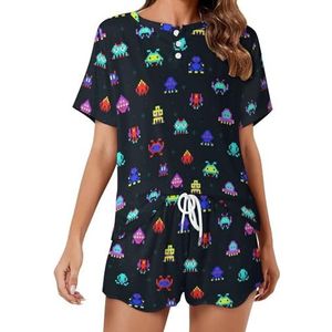 Klassieke spellen Space Invaders Patroon Zachte Womens Pyjama Korte Mouw Pyjama Loungewear met Zakken Gift voor Thuis Strand L