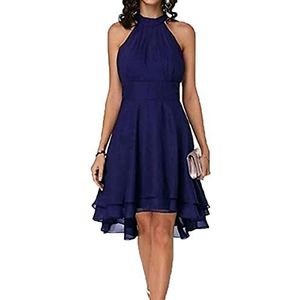 Zomer Vrouwen Jurk Elegante Gelaagde Hoge Taille Halter Mouwloze Midi Jurk Effen Kleur Chiffon Party Slanke Midi Jurk, Donkerblauw, M