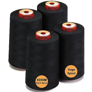 New brothread - 28 Opties - 4 Grote Kegels van 5000m polyester naaigaren voor alle doeleinden 40S/2 (Tex27) voor naaien, quilten, patchwork, serger en overlock - Black